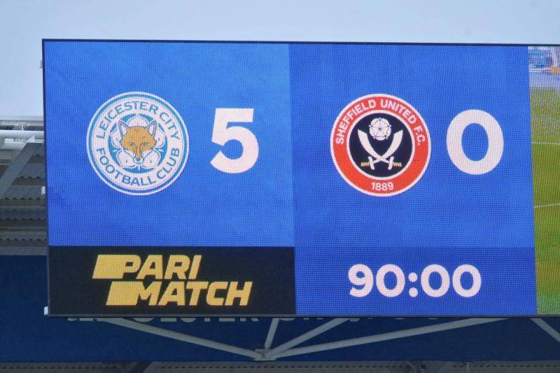 The score board at full time of the Premier League match between Leicester City and Sheffield United at The King Power Stadium on March 14, 2021 in Leicester, United Kingdom.