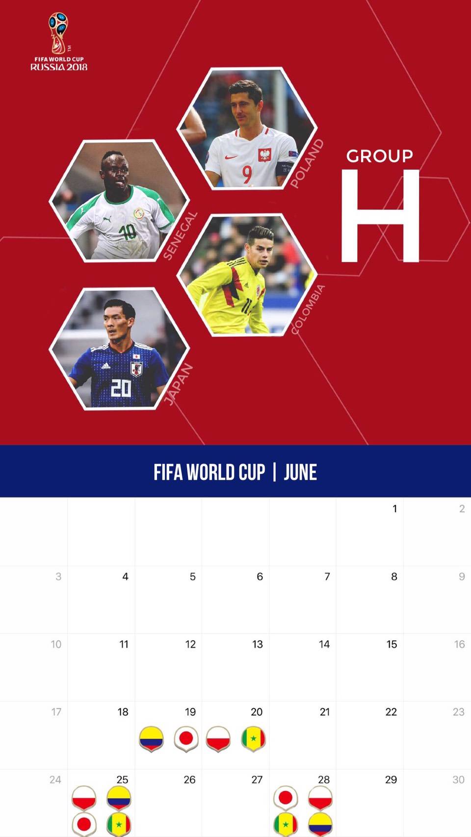 サッカー W杯仕様カレンダー壁紙 2018年6月版 サッカー壁紙