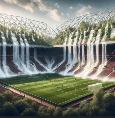 The football may be a bit dodgy – but the fascinating panorama of waterfalls cascading downwards at the Theater of [Wet] Dreams  is priceless